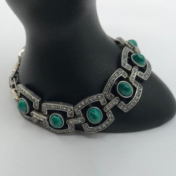 Jenavi Silver Panels Bracelet with Rhinestones and Malachite Cabachons. - Picture 2 of 7